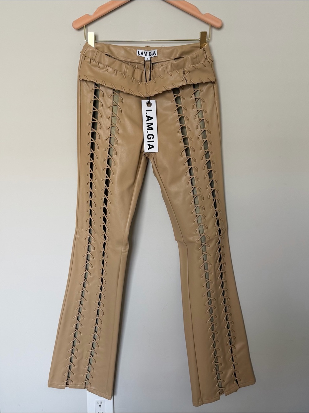 NWT I.AM.GIA Beige Lace-Up Vegan Leather Flare Pants